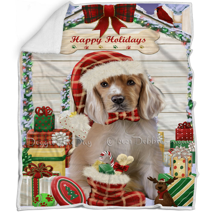 Happy Holidays Christmas Cocker Spaniel Dog House with Presents Blanket BLNKT142066