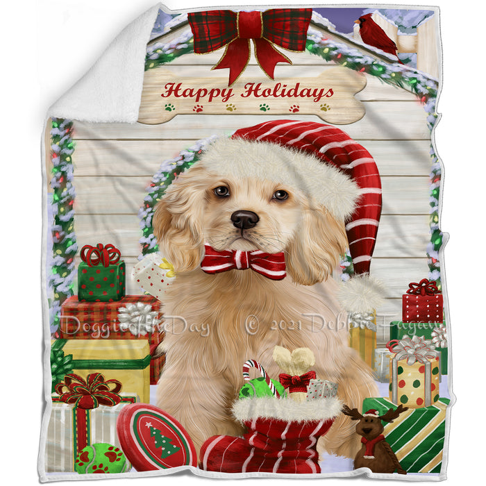 Happy Holidays Christmas Cocker Spaniel Dog House with Presents Blanket BLNKT142067