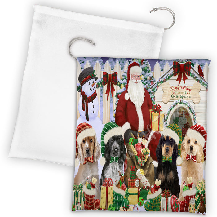 Happy Holidays Christmas Cocker Spaniel Dogs House Gathering Drawstring Laundry or Gift Bag LGB48038
