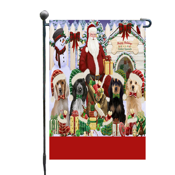 Personalized Happy Holidays Christmas Cocker Spaniel Dogs House Gathering Custom Garden Flags GFLG-DOTD-A58519