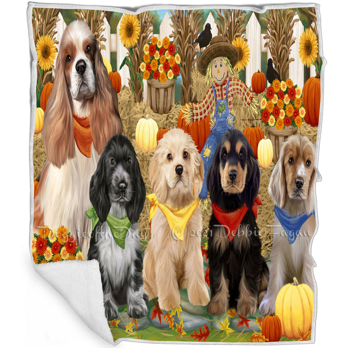 Fall Festive Gathering Cocker Spaniel Dogs with Pumpkins Blanket BLNKT142405