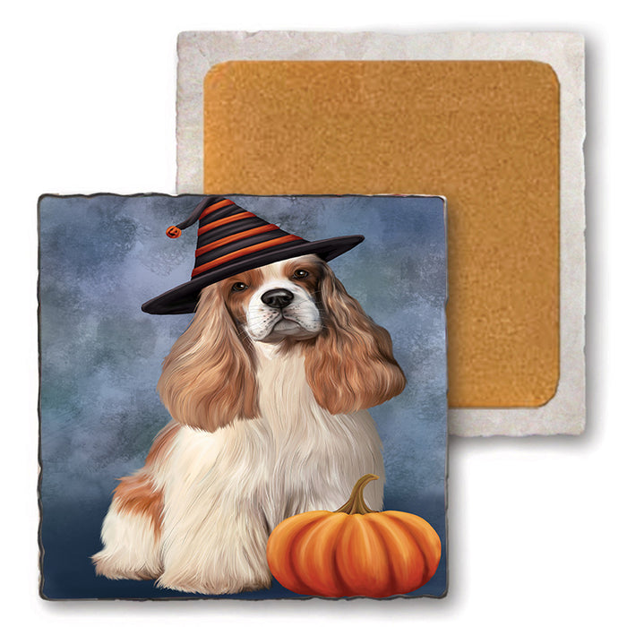 Happy Halloween Cocker Spaniel Dog Wearing Witch Hat with Pumpkin Set of 4 Natural Stone Marble Tile Coasters MCST49724