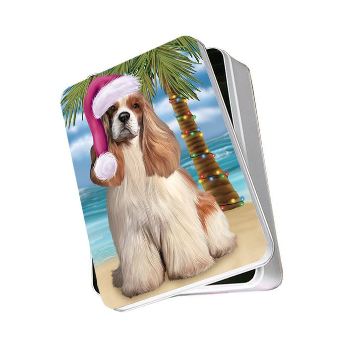 Summertime Happy Holidays Christmas Cocker Spaniel Dog on Tropical Island Beach Photo Storage Tin PITN54366