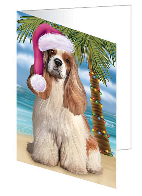 Summertime Happy Holidays Christmas Cocker Spaniel Dog on Tropical Island Beach Handmade Artwork Assorted Pets Greeting Cards and Note Cards with Envelopes for All Occasions and Holiday Seasons GCD67682