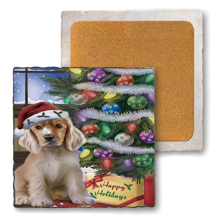 Christmas Happy Holidays Cocker Spaniel Dog with Tree and Presents Set of 4 Natural Stone Marble Tile Coasters MCST48452