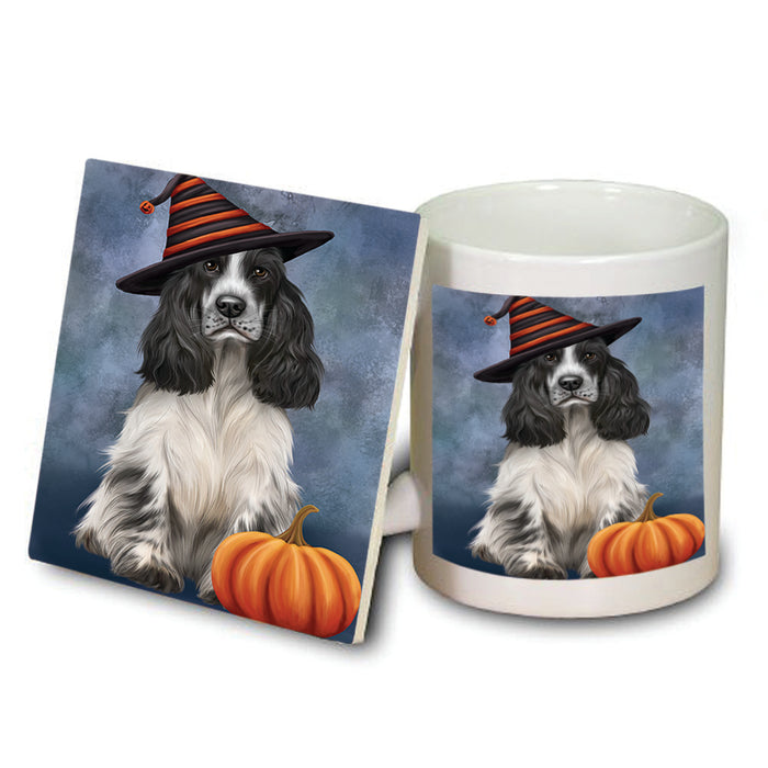 Happy Halloween Cocker Spaniel Dog Wearing Witch Hat with Pumpkin Mug and Coaster Set MUC54752
