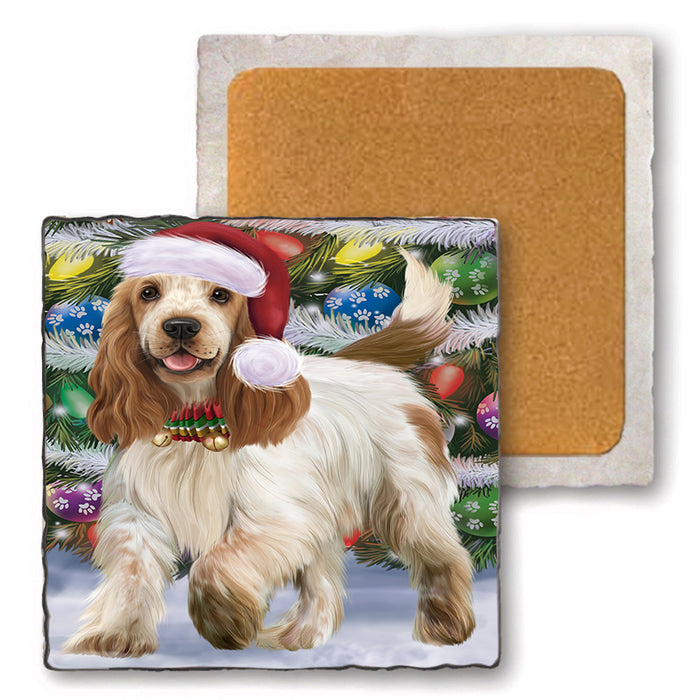 Trotting in the Snow Cocker Spaniel Dog Set of 4 Natural Stone Marble Tile Coasters MCST50432