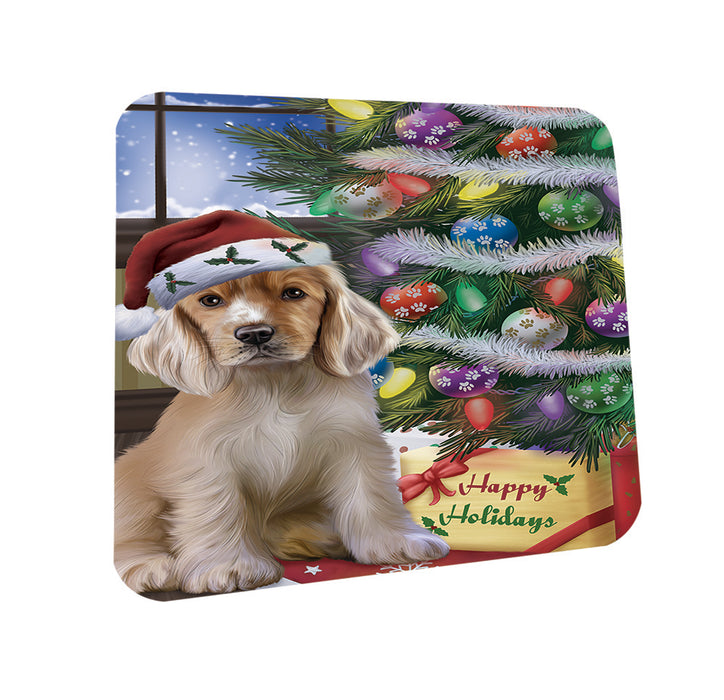Christmas Happy Holidays Cocker Spaniel Dog with Tree and Presents Coasters Set of 4 CST53410