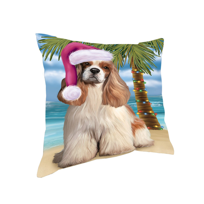 Summertime Happy Holidays Christmas Cocker Spaniel Dog on Tropical Island Beach Pillow PIL74828