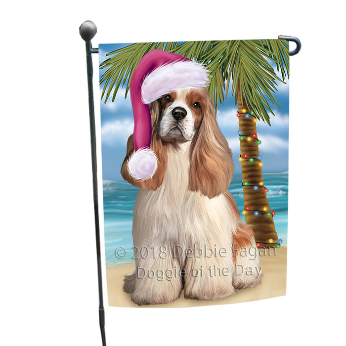 Summertime Happy Holidays Christmas Cocker Spaniel Dog on Tropical Island Beach Garden Flag GFLG54613