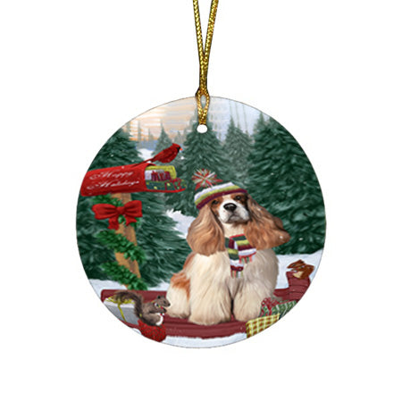 Merry Christmas Woodland Sled Cocker Spaniel Dog Round Flat Christmas Ornament RFPOR55266