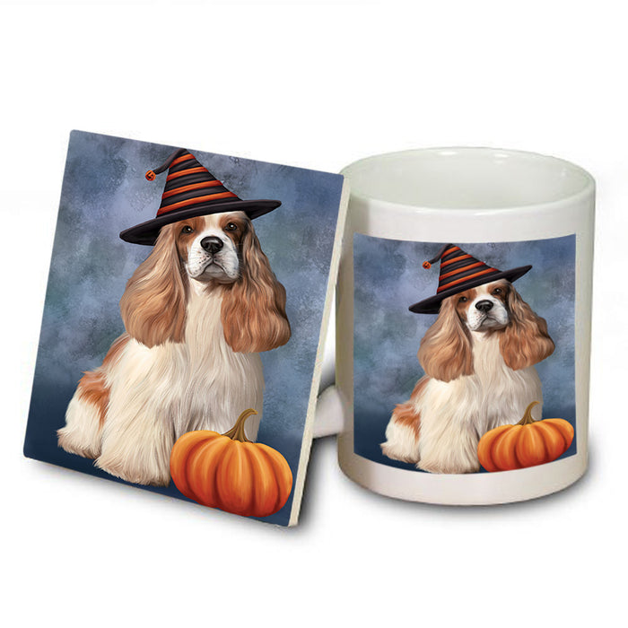 Happy Halloween Cocker Spaniel Dog Wearing Witch Hat with Pumpkin Mug and Coaster Set MUC54716
