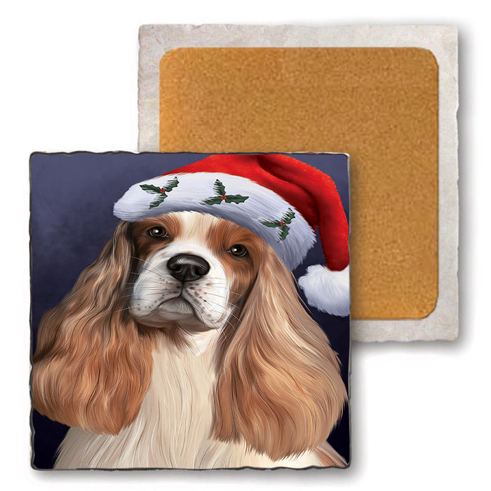 Christmas Holidays Cocker Spaniel Dog Wearing Santa Hat Portrait Head Set of 4 Natural Stone Marble Tile Coasters MCST48495