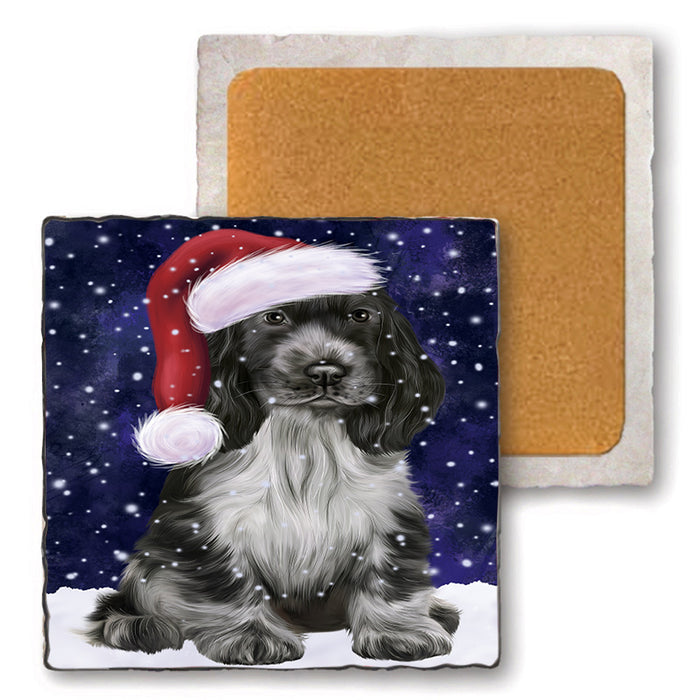 Let it Snow Christmas Holiday Cocker Spaniel Dog Wearing Santa Hat Set of 4 Natural Stone Marble Tile Coasters MCST49291