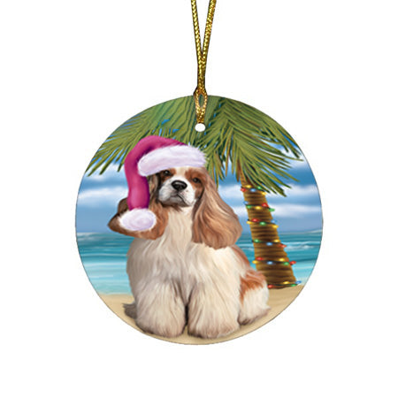 Summertime Happy Holidays Christmas Cocker Spaniel Dog on Tropical Island Beach Round Flat Christmas Ornament RFPOR54542