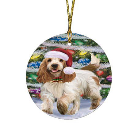 Trotting in the Snow Cocker Spaniel Dog Round Flat Christmas Ornament RFPOR55788