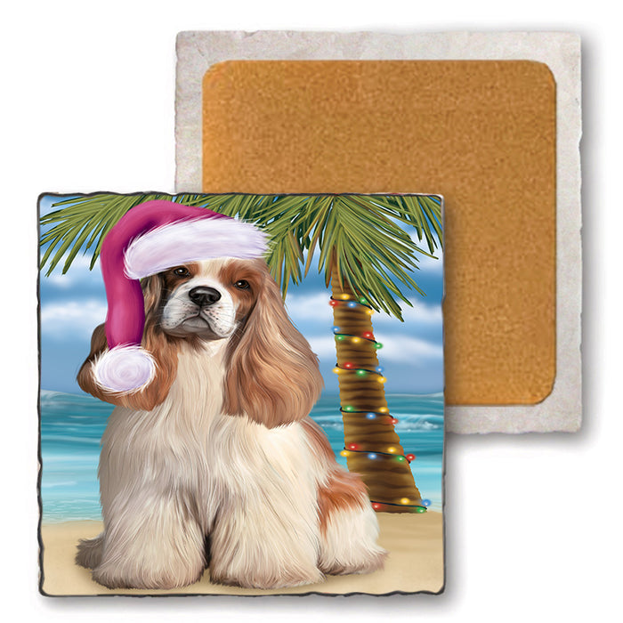 Summertime Happy Holidays Christmas Cocker Spaniel Dog on Tropical Island Beach Set of 4 Natural Stone Marble Tile Coasters MCST49423