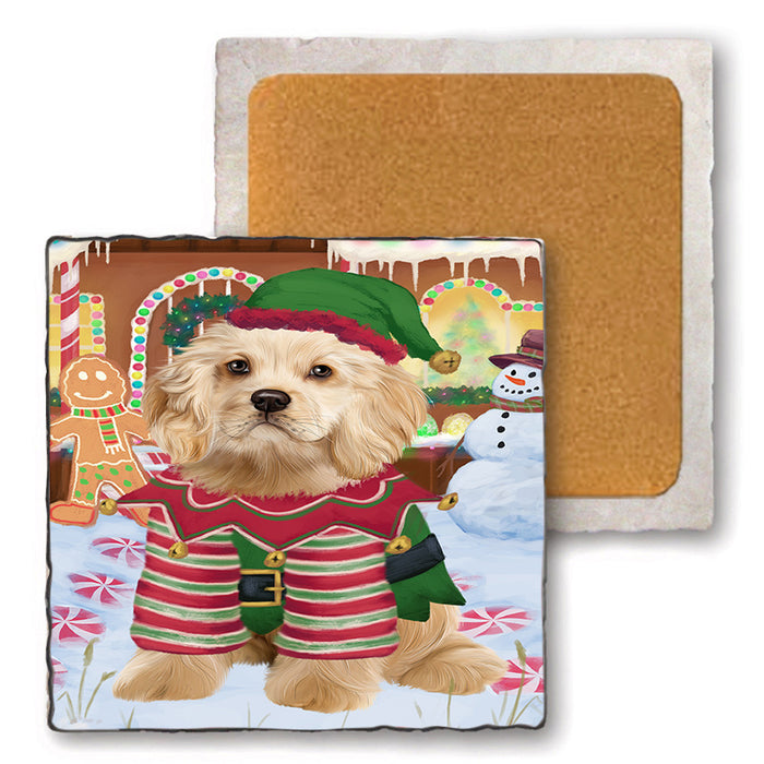 Christmas Gingerbread House Candyfest Cocker Spaniel Dog Set of 4 Natural Stone Marble Tile Coasters MCST51314