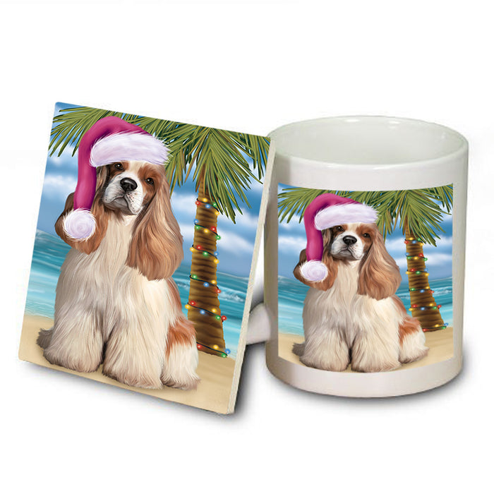 Summertime Happy Holidays Christmas Cocker Spaniel Dog on Tropical Island Beach Mug and Coaster Set MUC54415