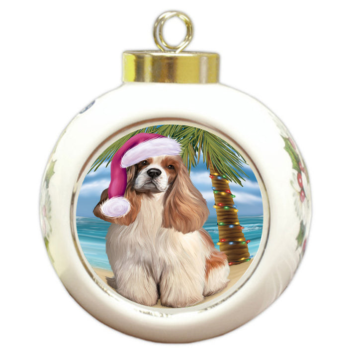 Summertime Happy Holidays Christmas Cocker Spaniel Dog on Tropical Island Beach Round Ball Christmas Ornament RBPOR54551