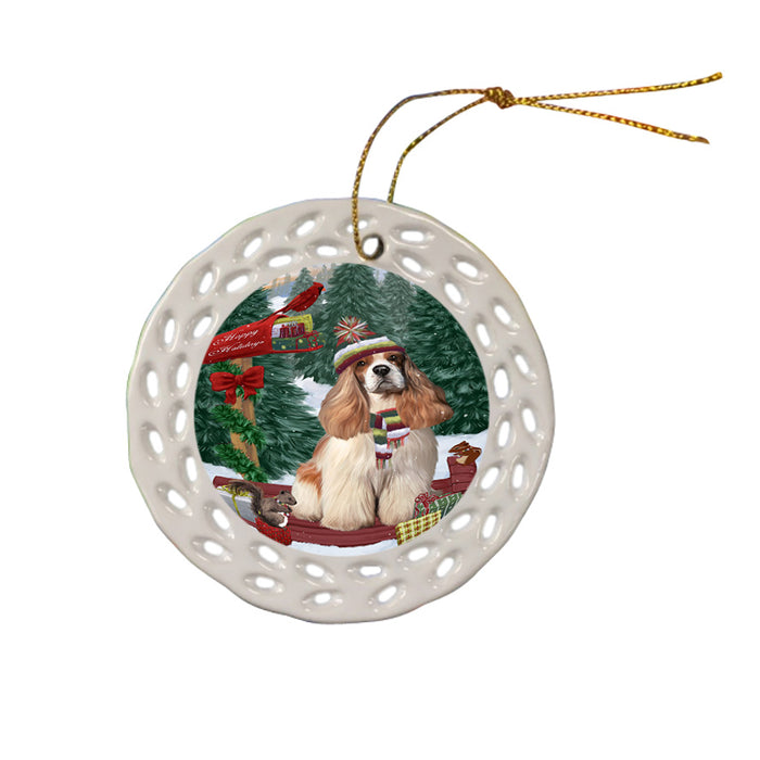 Merry Christmas Woodland Sled Cocker Spaniel Dog Ceramic Doily Ornament DPOR55266