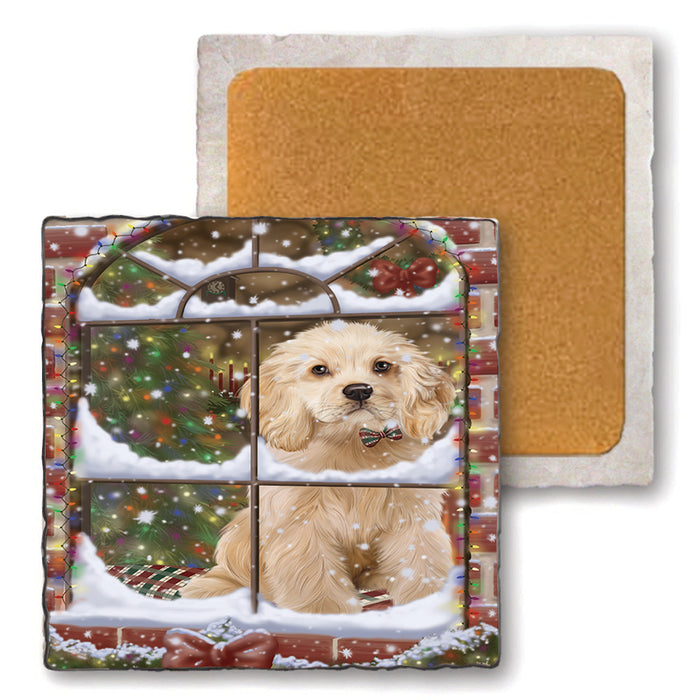 Please Come Home For Christmas Cocker Spaniel Dog Sitting In Window Set of 4 Natural Stone Marble Tile Coasters MCST48626