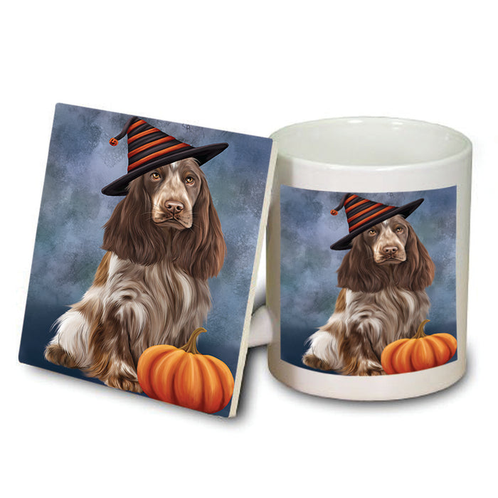 Happy Halloween Cocker Spaniel Dog Wearing Witch Hat with Pumpkin Mug and Coaster Set MUC54753