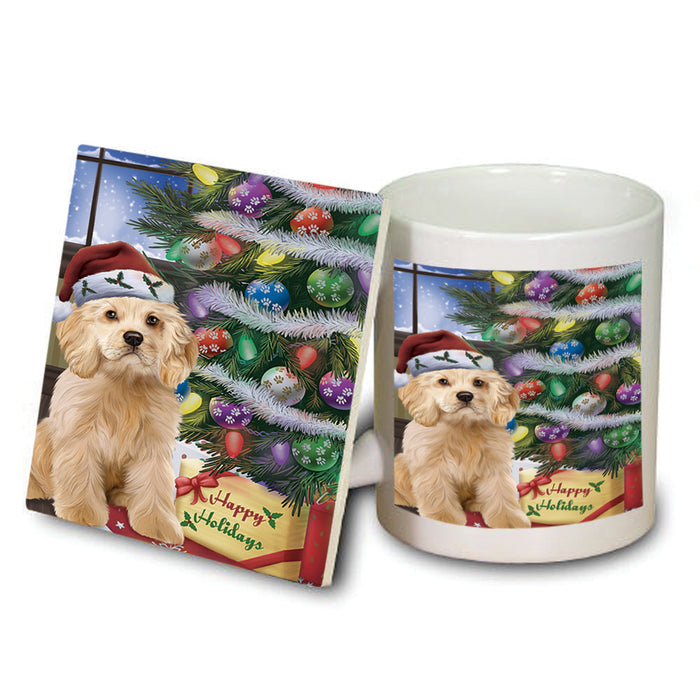 Christmas Happy Holidays Cocker Spaniel Dog with Tree and Presents Mug and Coaster Set MUC53445