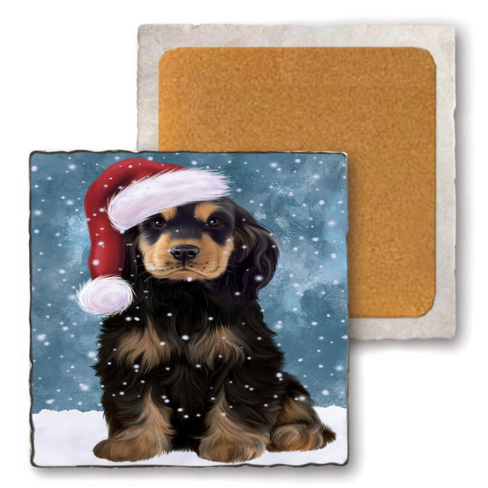 Let it Snow Christmas Holiday Cocker Spaniel Dog Wearing Santa Hat Set of 4 Natural Stone Marble Tile Coasters MCST49292