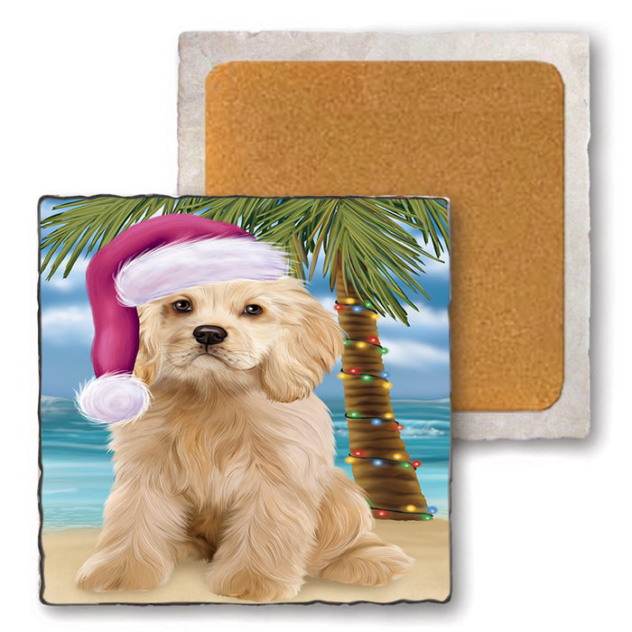 Summertime Happy Holidays Christmas Cocker Spaniel Dog on Tropical Island Beach Set of 4 Natural Stone Marble Tile Coasters MCST49424