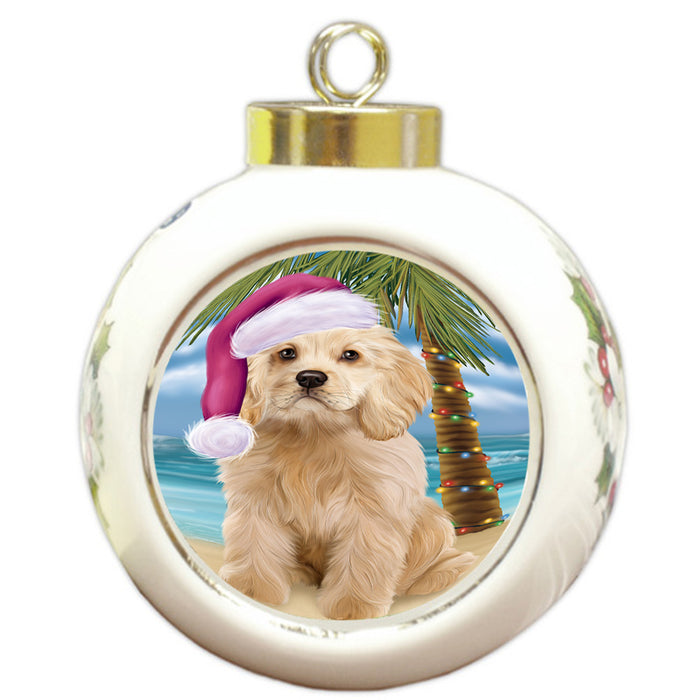 Summertime Happy Holidays Christmas Cocker Spaniel Dog on Tropical Island Beach Round Ball Christmas Ornament RBPOR54552