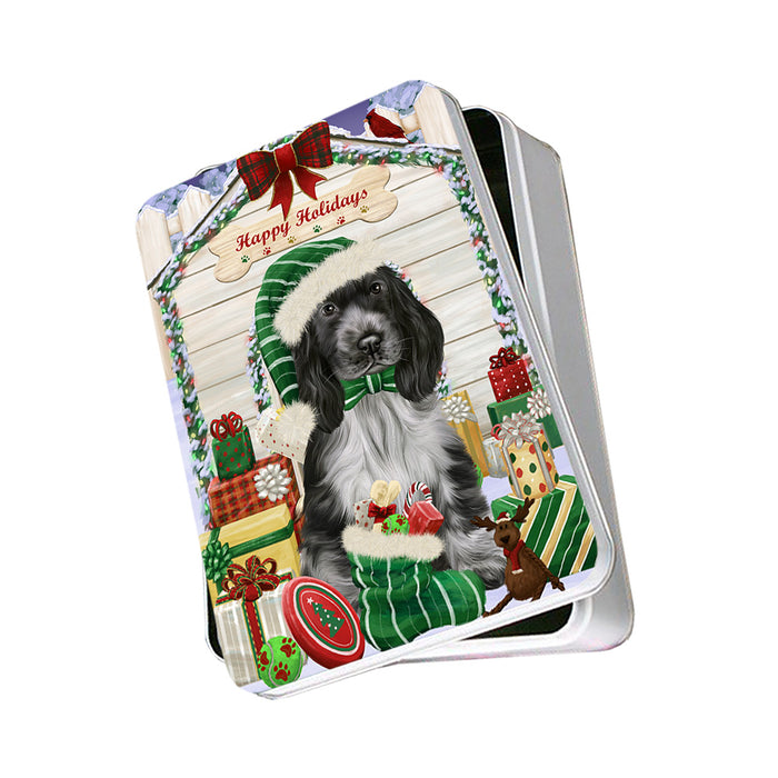 Happy Holidays Christmas Cocker Spaniel Dog With Presents Photo Storage Tin PITN52651