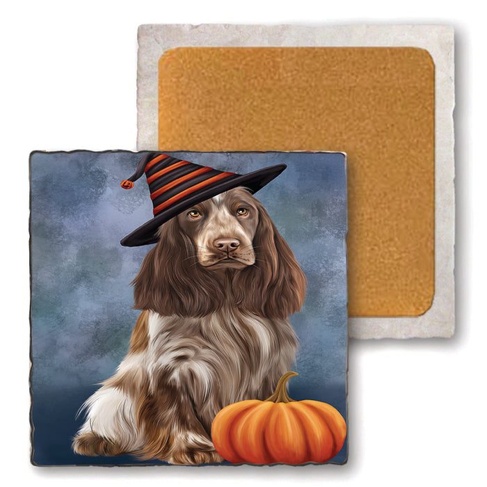 Happy Halloween Cocker Spaniel Dog Wearing Witch Hat with Pumpkin Set of 4 Natural Stone Marble Tile Coasters MCST49761
