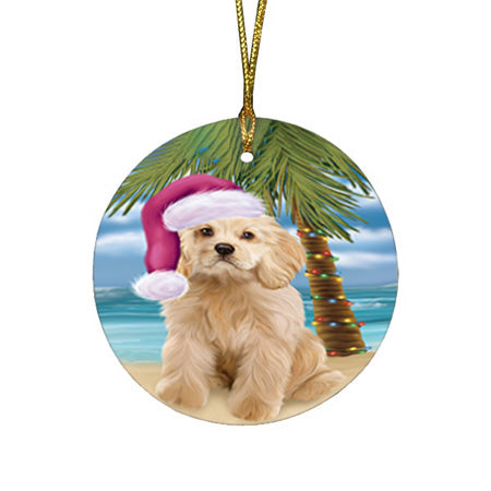 Summertime Happy Holidays Christmas Cocker Spaniel Dog on Tropical Island Beach Round Flat Christmas Ornament RFPOR54543