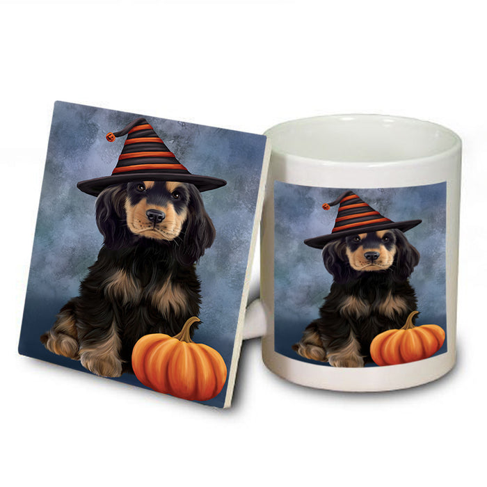 Happy Halloween Cocker Spaniel Dog Wearing Witch Hat with Pumpkin Mug and Coaster Set MUC54717