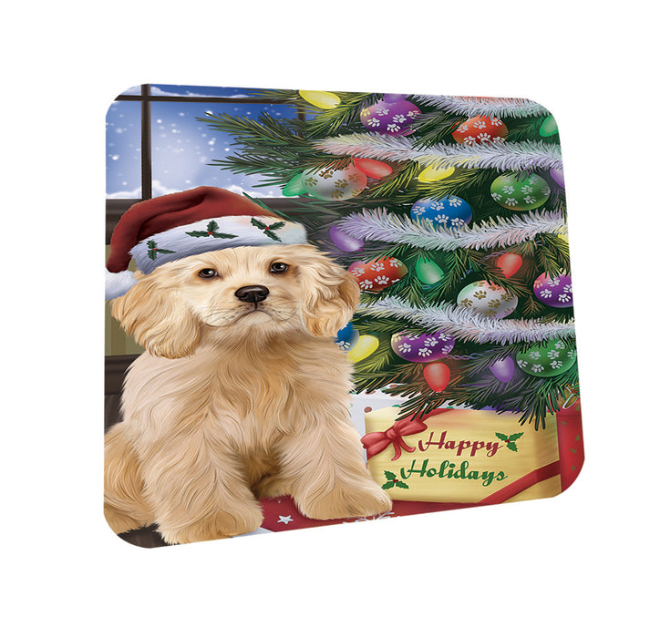 Christmas Happy Holidays Cocker Spaniel Dog with Tree and Presents Coasters Set of 4 CST53411
