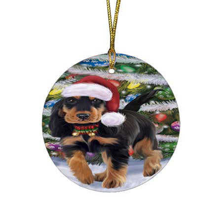 Trotting in the Snow Cocker Spaniel Dog Round Flat Christmas Ornament RFPOR55789