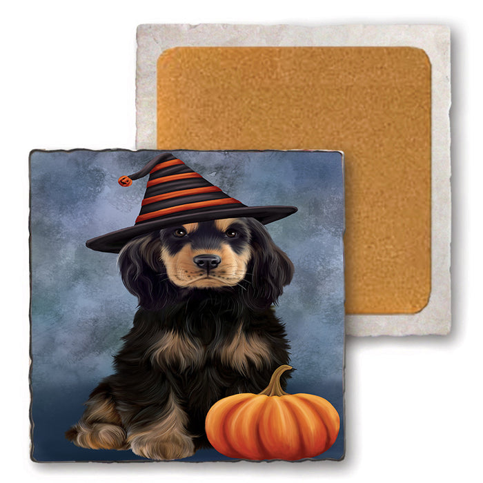 Happy Halloween Cocker Spaniel Dog Wearing Witch Hat with Pumpkin Set of 4 Natural Stone Marble Tile Coasters MCST49725