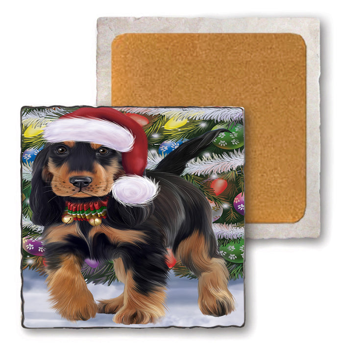 Trotting in the Snow Cocker Spaniel Dog Set of 4 Natural Stone Marble Tile Coasters MCST50433