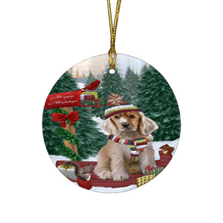 Merry Christmas Woodland Sled Cocker Spaniel Dog Round Flat Christmas Ornament RFPOR55267