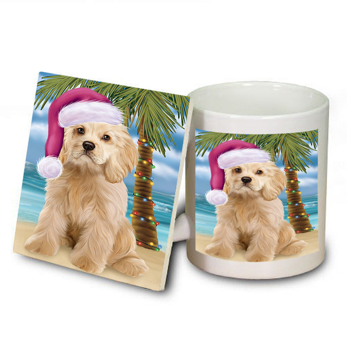 Summertime Happy Holidays Christmas Cocker Spaniel Dog on Tropical Island Beach Mug and Coaster Set MUC54416