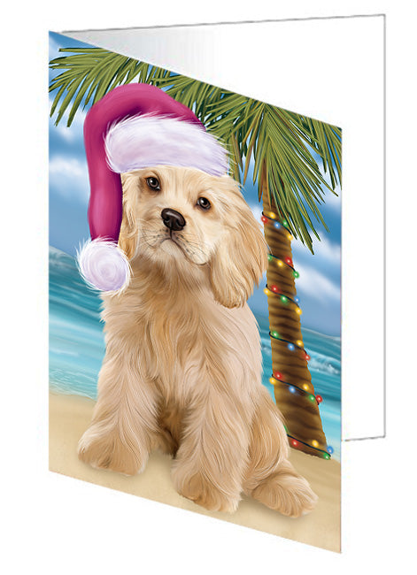 Summertime Happy Holidays Christmas Cocker Spaniel Dog on Tropical Island Beach Handmade Artwork Assorted Pets Greeting Cards and Note Cards with Envelopes for All Occasions and Holiday Seasons GCD67685