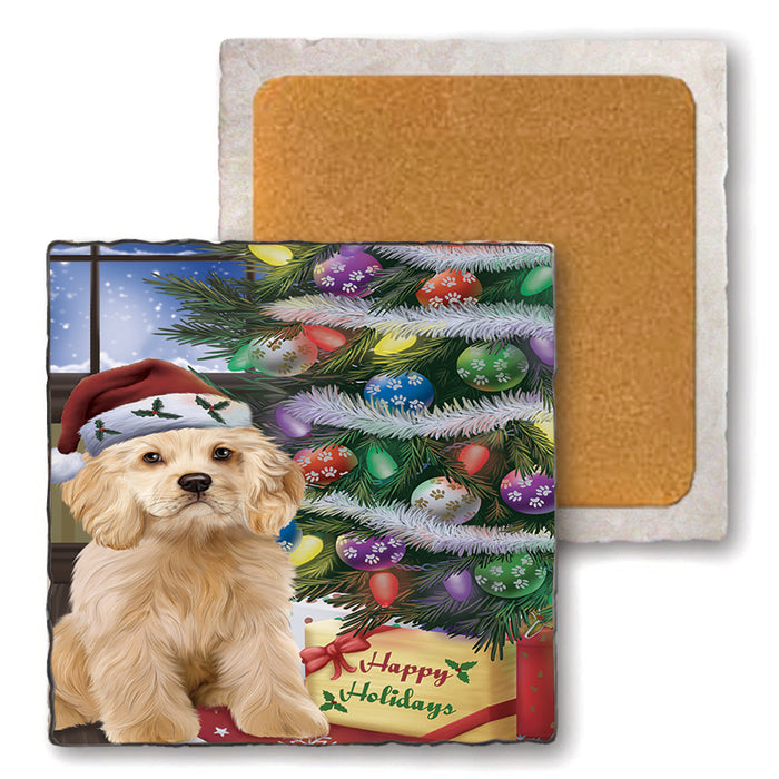 Christmas Happy Holidays Cocker Spaniel Dog with Tree and Presents Set of 4 Natural Stone Marble Tile Coasters MCST48453