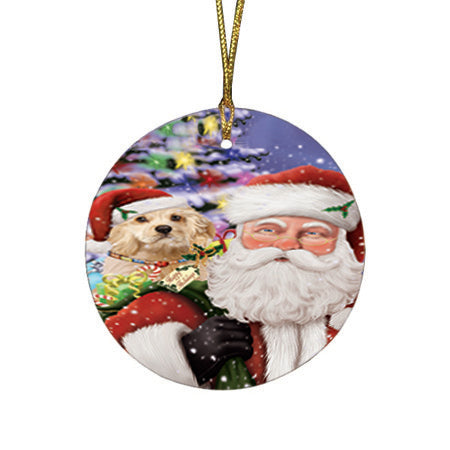 Santa Carrying Cocker Spaniel Dog and Christmas Presents Round Flat Christmas Ornament RFPOR53675
