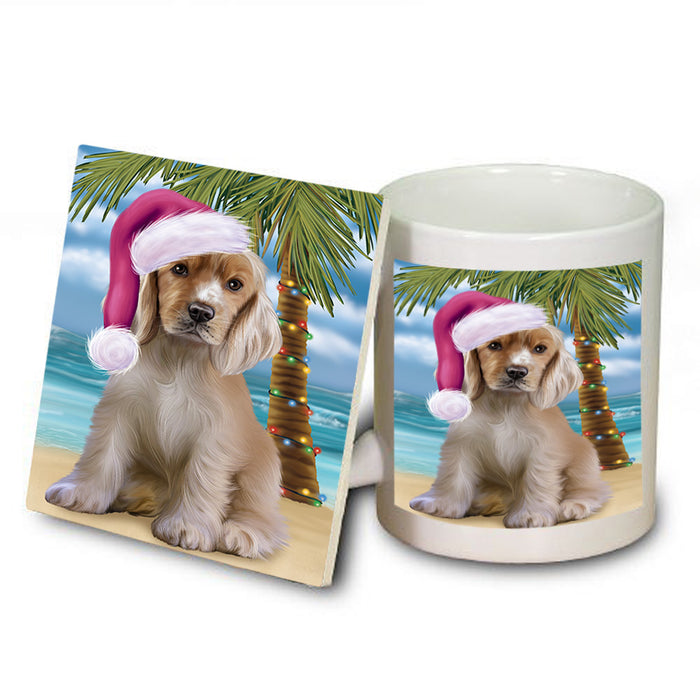 Summertime Happy Holidays Christmas Cocker Spaniel Dog on Tropical Island Beach Mug and Coaster Set MUC54417