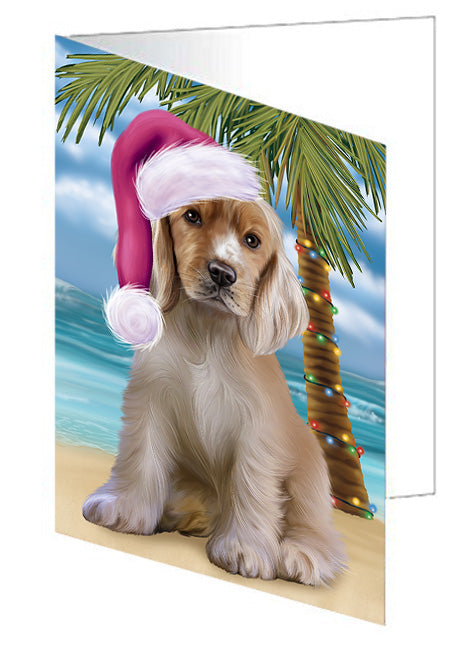 Summertime Happy Holidays Christmas Cocker Spaniel Dog on Tropical Island Beach Handmade Artwork Assorted Pets Greeting Cards and Note Cards with Envelopes for All Occasions and Holiday Seasons GCD67688