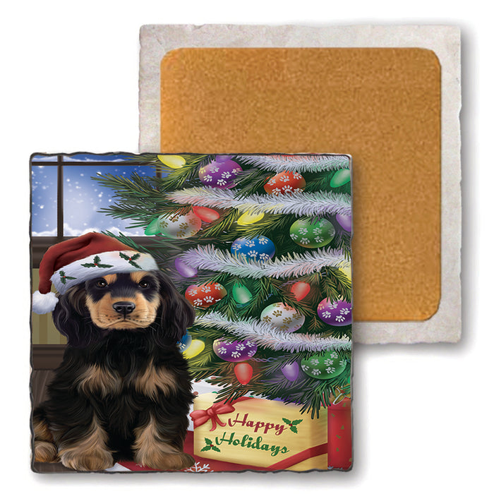 Christmas Happy Holidays Cocker Spaniel Dog with Tree and Presents Set of 4 Natural Stone Marble Tile Coasters MCST48454