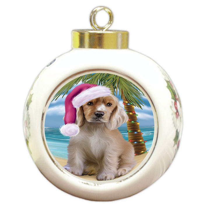 Summertime Happy Holidays Christmas Cocker Spaniel Dog on Tropical Island Beach Round Ball Christmas Ornament RBPOR54553
