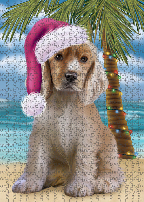 Summertime Happy Holidays Christmas Cocker Spaniel Dog on Tropical Island Beach Puzzle with Photo Tin PUZL85368