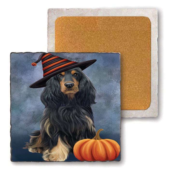 Happy Halloween Cocker Spaniel Dog Wearing Witch Hat with Pumpkin Set of 4 Natural Stone Marble Tile Coasters MCST49762